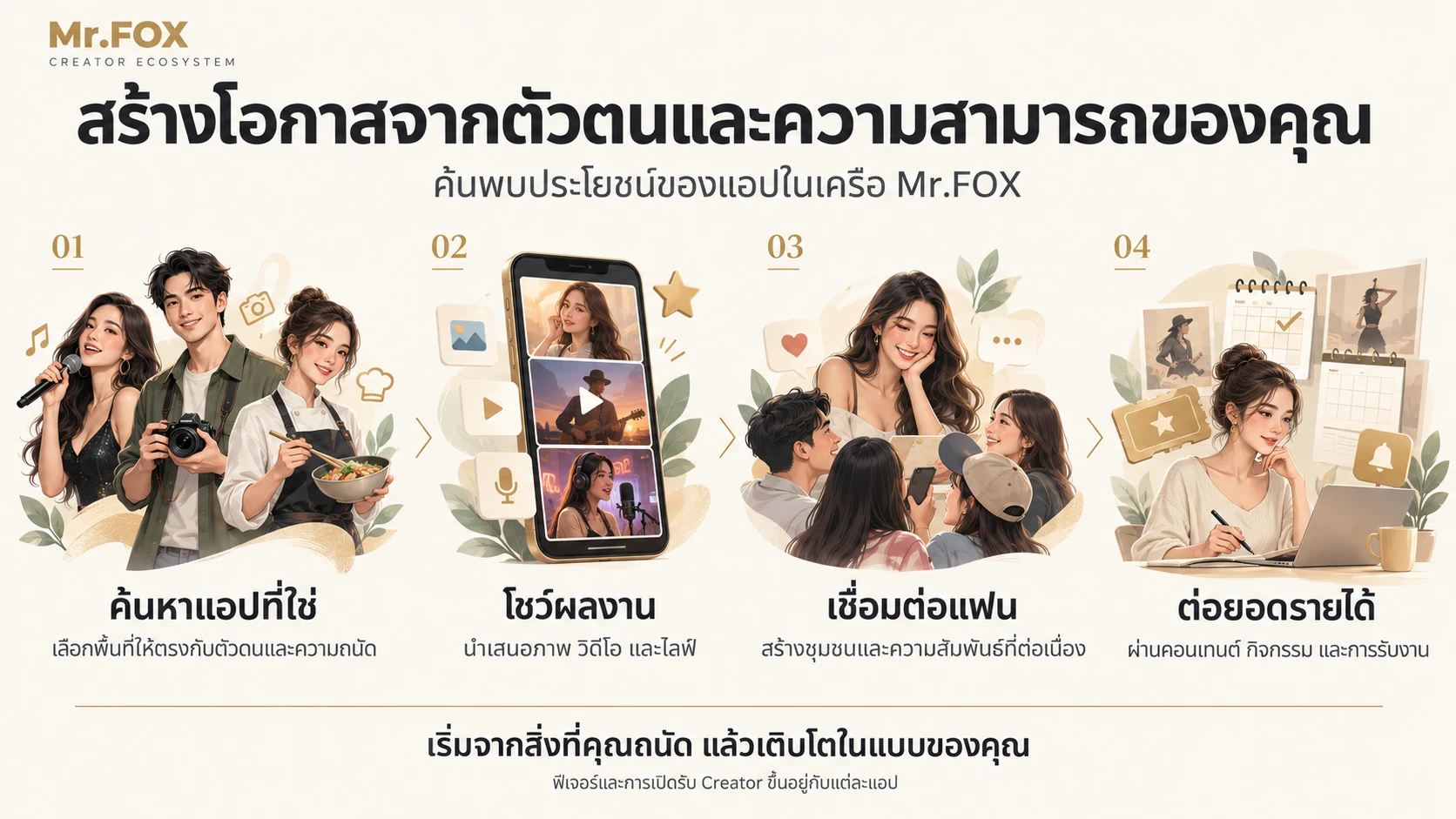 สร้างโอกาสจากตัวตนและความสามารถของคุณ — ค้นหาแอป โชว์ผลงาน เชื่อมต่อแฟน และต่อยอดรายได้